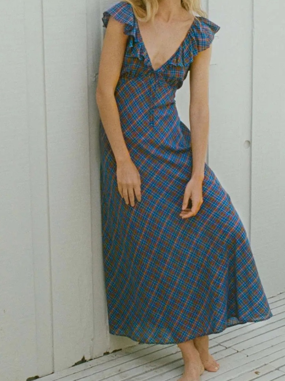 Dôen Lulani Maxi Dress, featuring an azure French plaid print and cascading ruff